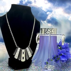 Silver-Tone White Enameled Slider Pendant ~ Stretch Panel Bracelet & Earrings